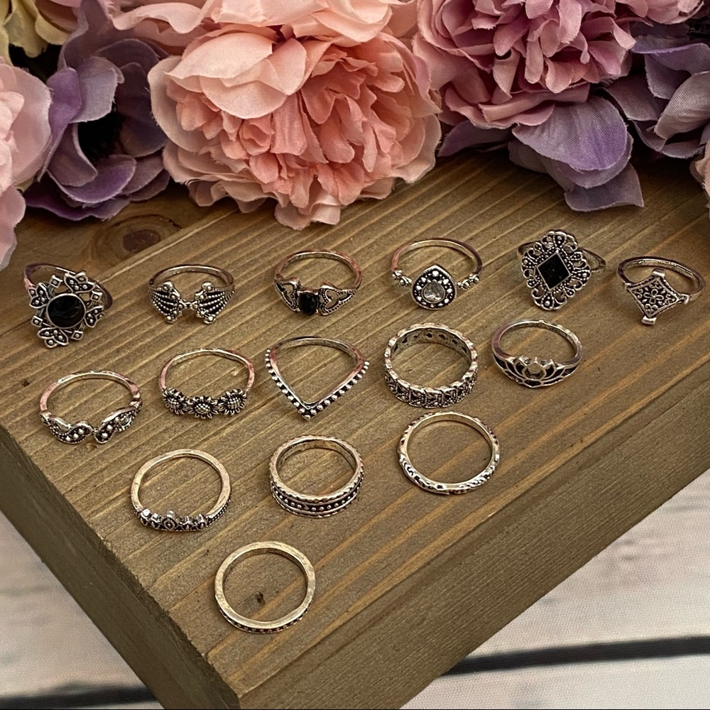 15 Pcs Boho Retro Vintage Crystal Gem Ring Set - Picture 5 of 16
